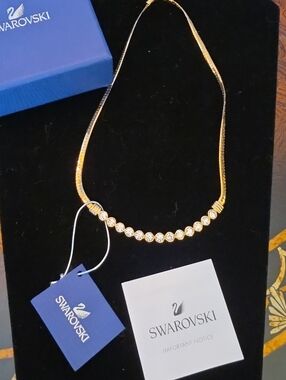 Swarovski Vintage Gold Crystal Station Choker Necklace with 13 Clear Stones